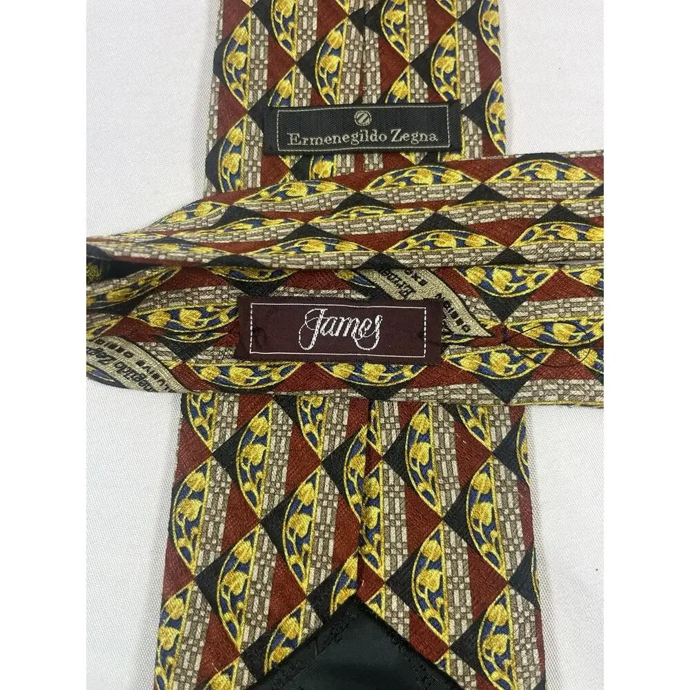 ERMENEGILDO ZEGNA Men' Silk Multicolor Red, Yellow, Leaf Pattern Geometric James